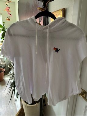 Aviator Nation White Cropped Terry Hoodie with Rainbow 'A' Patch